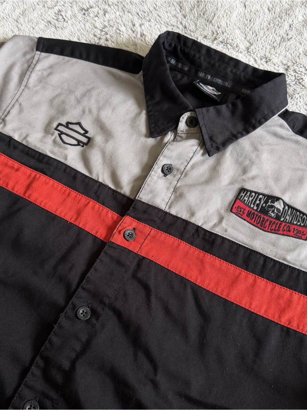 Harley Davidson Motorcycles Mechanic Bar Shield Button Up Shirt XL Black Orange